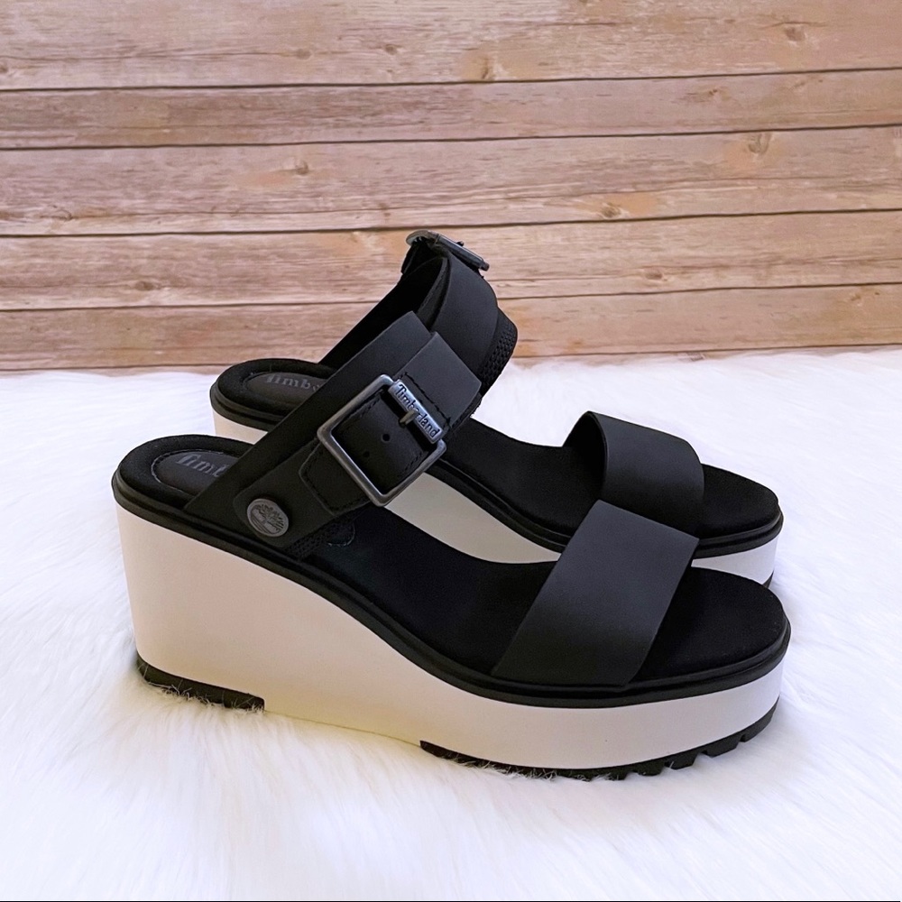 Timberland Women’s Koralyn Wedge 2 Band Black Nubuck Leather Sandals - Picture 2 of 10